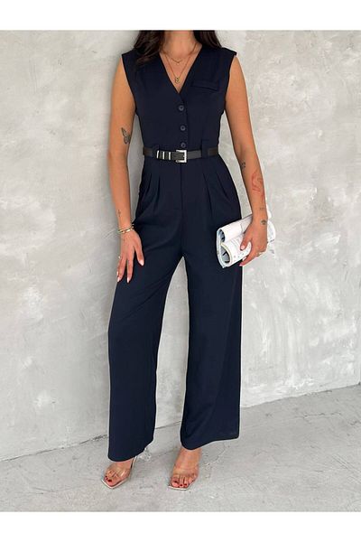 stilsepeti Women's Navy Blue V Neck Double Pocket Belt Detail Buttoned Jumpsuit Tl-100090021