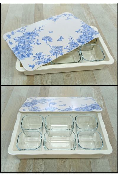 Pinkev Set of 6 Glass Breakfast Bowls with Melamine Tray - Blue Floral