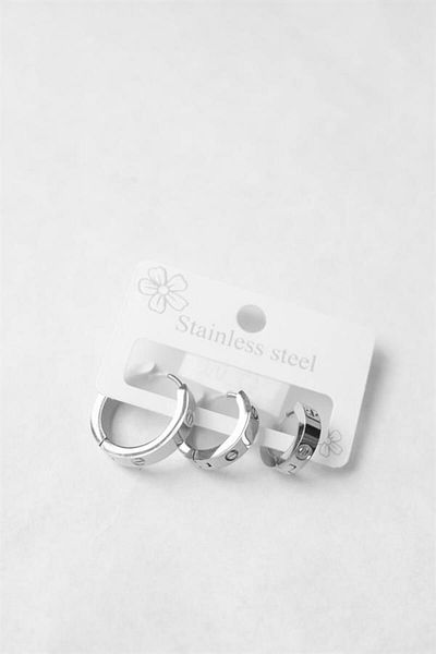MR RZN STORE 3Pcs Stoneless Steel Hoop Earrings - Silver