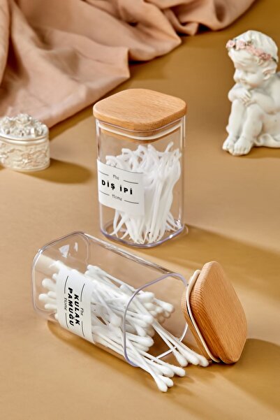 Carat Home 2-Piece Acrylic Dental Floss & Cotton Organizer with Wooden Lid 250 Ml Storage Container