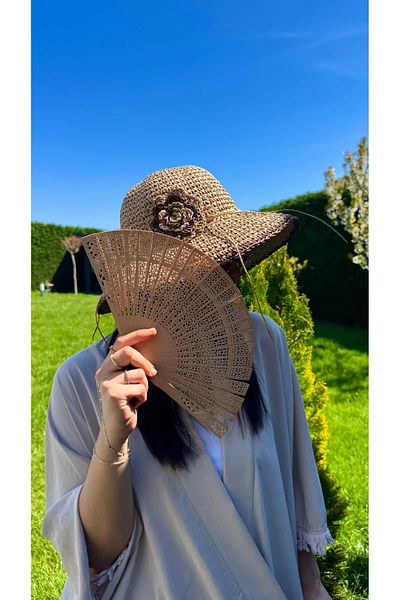 MARBERRY Camel Flower Hand Knitted Straw Bucket Women's Hat