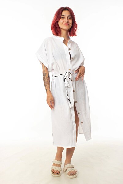 İZMİR ASKERİ MALZEME White Color Linen Woven Signature Patterned Short Sleeve...