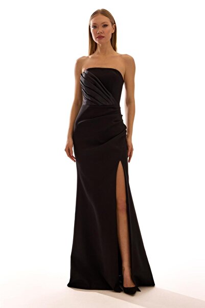 Elbisemhazır Straplez Drapeli Krep Yırtmaç Detaylı Kadın Uzun Abiye Elbise