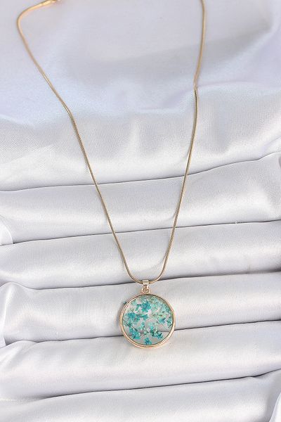 Skygo 316L Steel Gold Color Chain Circle Epoxy Blue Flower Leaf Model Women's Necklace - Tj-Bko10070