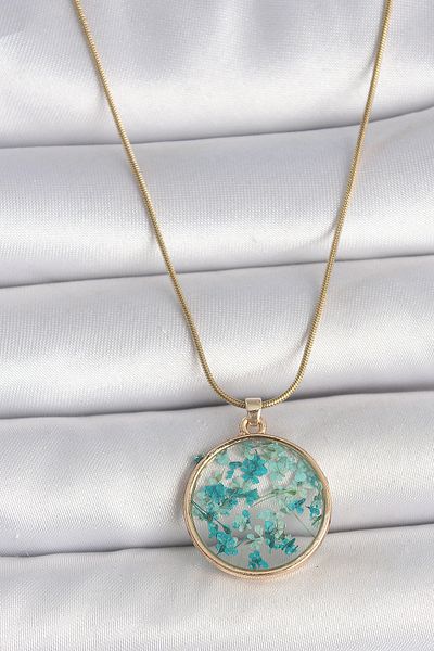 Skygo 316L Steel Gold Color Chain Circle Epoxy Blue Flower Leaf Model Women's Necklace - Tj-Bko10070