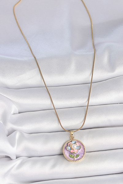 Skygo 316L Steel Gold Color Chain Purple Flower Embroidered Pearl Portrait Model Detail Women's Necklace - Tj-Bko10086