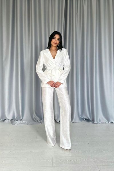 modaserdem Ecru Belted Waist Jacket and Trousers Shiny Set