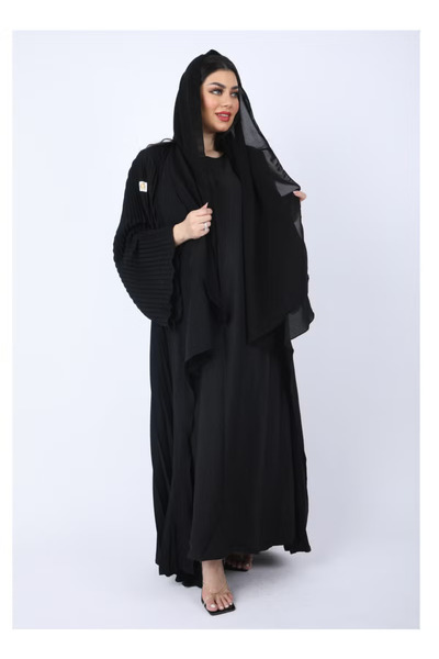 FULLJOY عباية طويلة بتصميم بليسيه بأكمام طويلة واسعة ,أسود