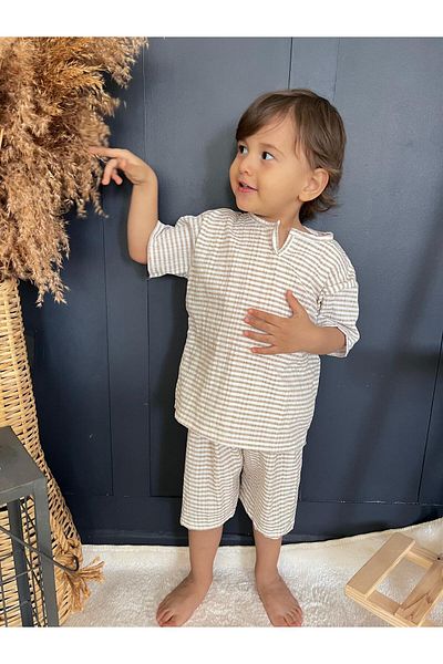 BAHNUR Baby Child Boy Unisex Seersucker Fabric Bottom Top Set Summer Bohemia