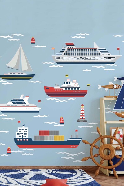 KT Decor Set de autocolante de perete pentru camera băieților Sailor Life Shi...