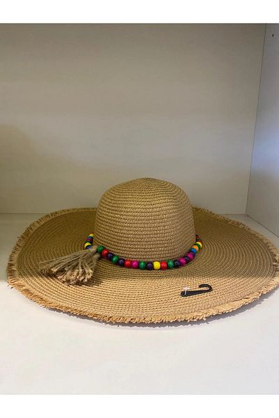 MARBERRY Camel Colored Bead Detailed Wide Straw Women's Hat