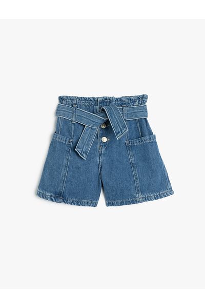 Koton New Season Denim Shorts with Belt Detail, Cotton Pockets and Elastic Waist