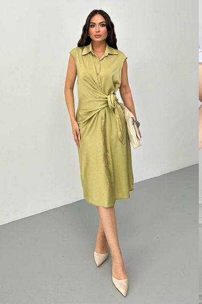 Moda Amore Καλοκαιρινό γυναικείο φόρεμα γραφείου - Αμάνικο με λεπτομέρεια με κόμπο Midi μήκους 040