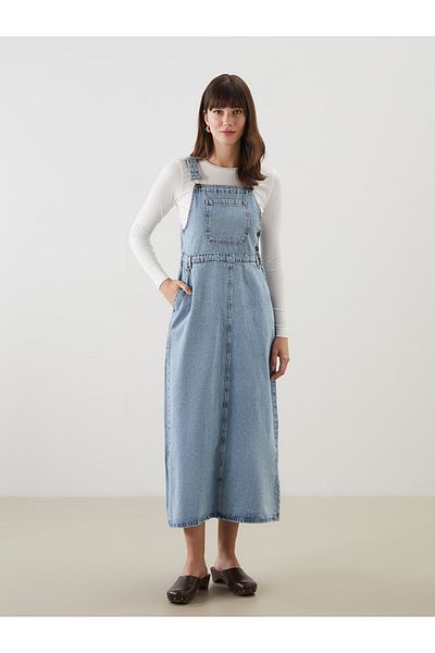 LC Waikiki Rochie Salopet Jean pentru femei cu guler pătrat cu bretele drepte
