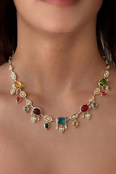 fk studio design ÇELİK Renkli Taşlı Kolye