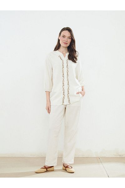 LC Waikiki Embroidered Linen Blended Blouse with Cropped Collar