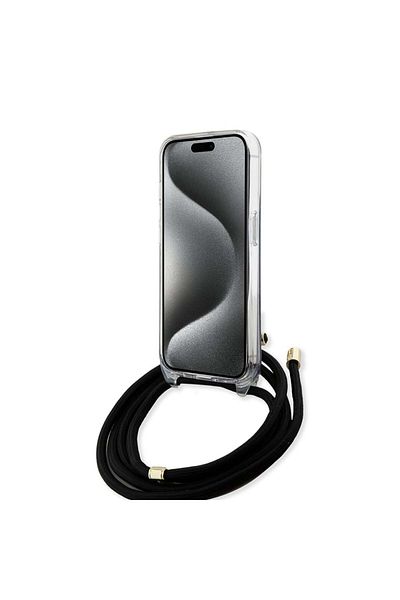 Guess Case For Iphone 15 With Cord, Crossbody Cord 4g Print, - Black