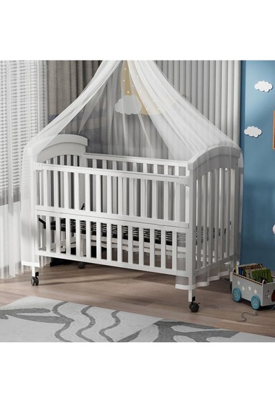 BabyCara سرير خشبي للأطفال بتصميم أنيق مع قاعدة حديدية و 3 ارتفاعات و ناموسية 120 × 60 سم