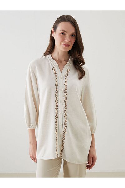LC Waikiki Embroidered Linen Blended Blouse with Cropped Collar