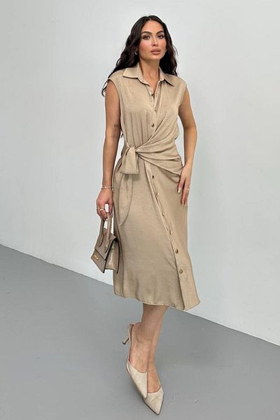 Moda Amore Rochie de birou de vară pentru femei - Lungime midi fără mâneci cu detaliu nod 040