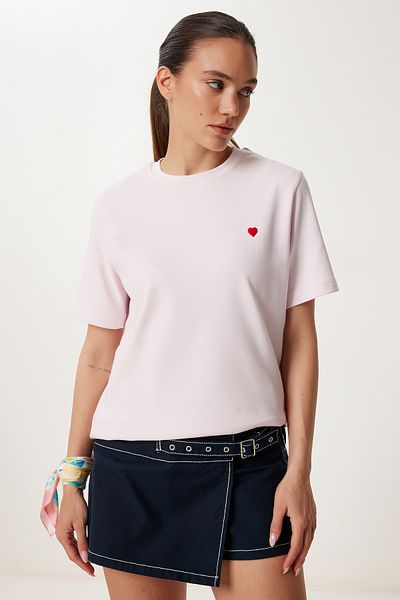 Lovelyİstanbul Heart Embroidered Cotton Knitted T-Shirt Pudra Lus0145