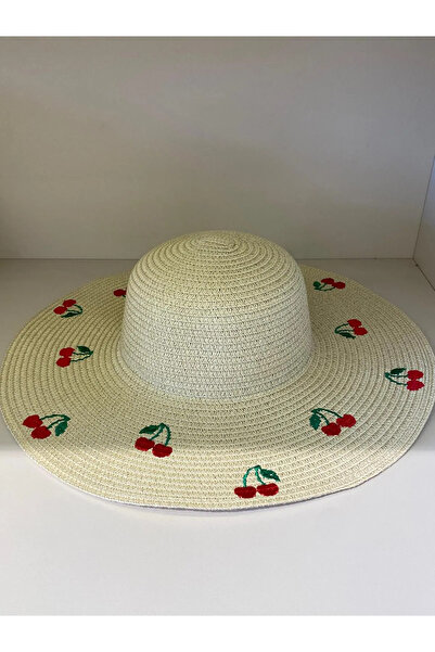 MARBERRY Pălărie de damă din paie lată, brodată, bej cireșiu