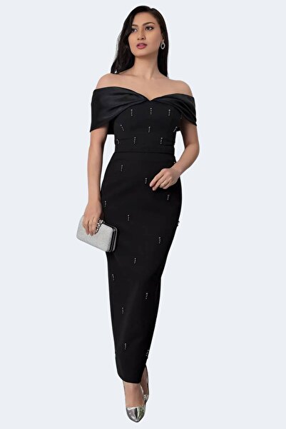 Moda Amore Özel Koleksiyon – Omuz Dekolteli, Taş İşlemeli, Şık Tasarım Siyah Abiye Elbise 405