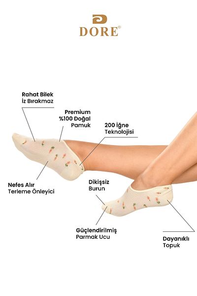 Dore Original Women's 4 Pairs Mixed Color Set Premium Cotton Anti-Sweat Invisible Ballerina Socks Set