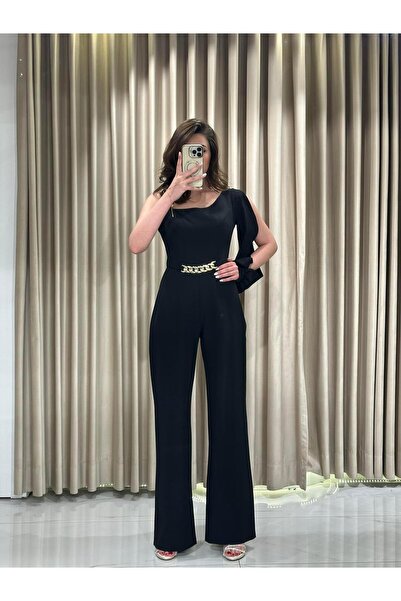 Kaleiçi Yıldızlar Siyah Kemer Detay Tek Omuz Tulum Abiye Elbise |