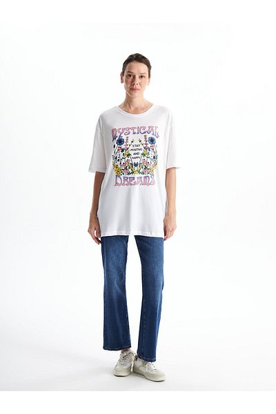 LC Waikiki Tricou de damă oversize cu imprimeu cu gât crew
