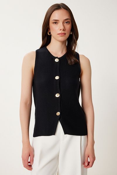 Lovelyİstanbul Stylish Buttoned Soft Textured Stretchy Knitwear Vest Black Lus0139