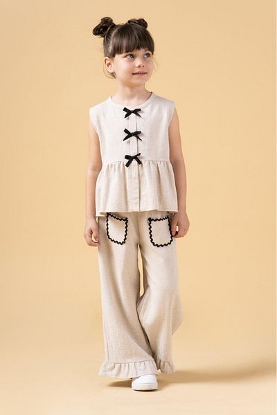 Magu Girl's Linen Beige Bow Flounce Long Pants Double Set