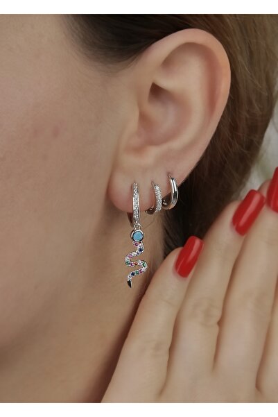 Home Sihra Accessories renkli yılanlı mavi boncuk detaylı üçlü set küpe gümüş renk