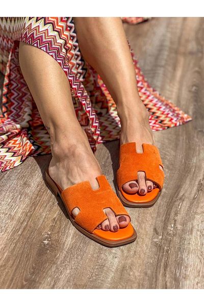 SİBA SHOES Delia Genuine Suede Leather Orange Slippers