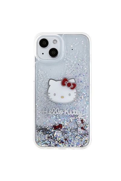 Hello Kitty Carcasă pentru iPhone 15, cu sclipici lichid, Hello Kitty - Argintie