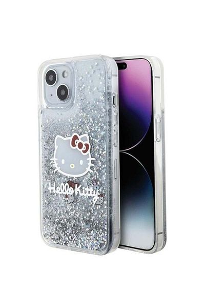 Hello Kitty Carcasă pentru iPhone 15, cu sclipici lichid, Hello Kitty - Argintie
