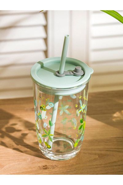 LC Waikiki Lcw Home Printed Glass Cup with Straw 350 ml (S5)
