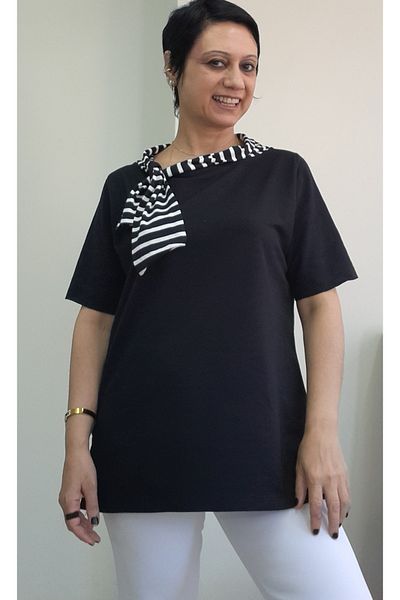 Mertcan Butik Black Boat Neck Black and White Color Block Bow Look Short, Sleeved Combed Viscose T-Shirt