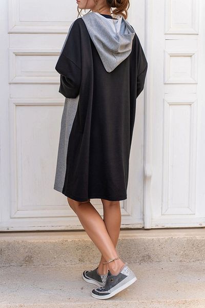 bacc Women's Black Hooded Kangaroo Pocket Double Color Loose Sweat Dress Bcbsk-25700-3500