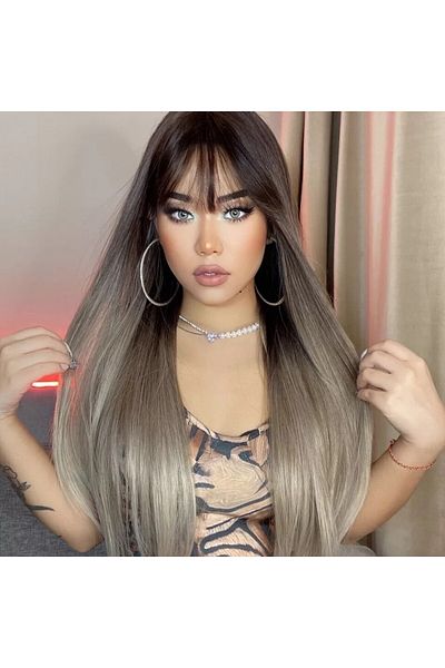 animis beauty Long Ombre GREY wig, straight, synthetic fiber with natural look, long straight hair, with bangs, 70 cm