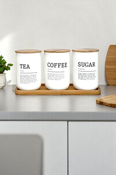 Mirilliahome Set of 3 White Glass Jars with Bamboo Stand – 1000 ml Tea Coffee Sugar Jar