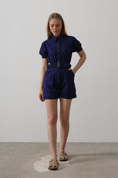 MRA Fashion Shirt Collar Gabardine Jumpsuit - Indigo