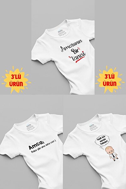 Overoz Organic 100% Cotton Uncle 3-Piece Baby Body Set White Baby Bodysuit wi...