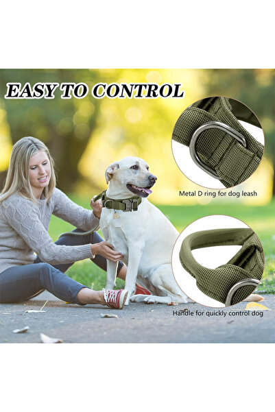 REDz Accessories Army Dog Collar, Control Handle, Size L, Hedgehog and Buckle Closure, Textile, Khaki