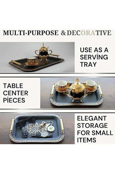 DEVMEER Stainless Steel Luxury Model 2-Piece Black Gold Pattern Tea Coffee Tray Set