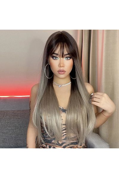 animis beauty Long Ombre GREY wig, straight, synthetic fiber with natural look, long straight hair, with bangs, 70 cm