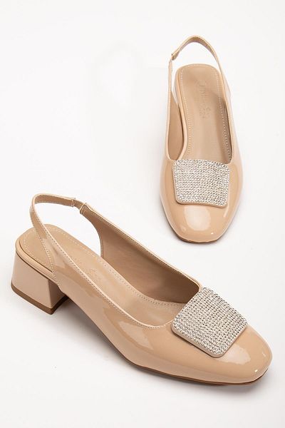 Dilimler Ayakkabı Large Size Women's Short Heeled Shoes Skin Square Stone Open Heel
