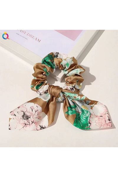 REDz Accessories Scrunchie Bow, Satin, Floral Pattern, Hair Elastic, Brown