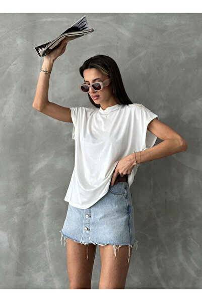 jöns since 1997 Γυναικείο μπλουζάκι από διχτυωτό ώμο με φαρδιά εφαρμογή ανοιχτό κρεμ