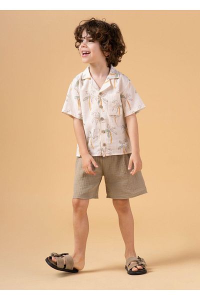 Magu Boy's Palm Tree Patterned Shirt Suit Shorts Summer Set of Two